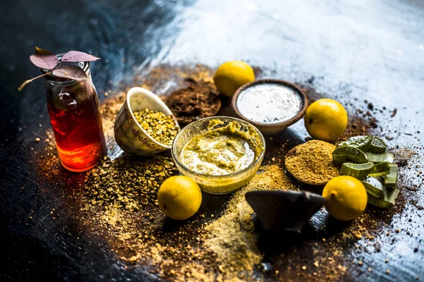 Ingredients for herbal face pack with lemons and rose water