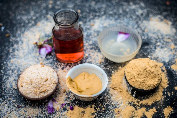 Ingredientes Para Mascarilla Avena Polvo Agua Rosas Jugo Limón — Foto de Stock