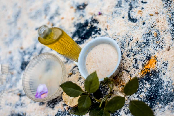 Face Pack Oats Lemon Juice Olive Oil Wooden Surface Used — Stock Photo, Image