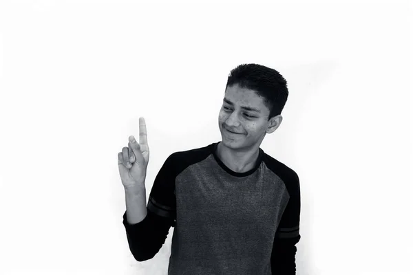 Young Man Pointing Something Black White — Stok fotoğraf