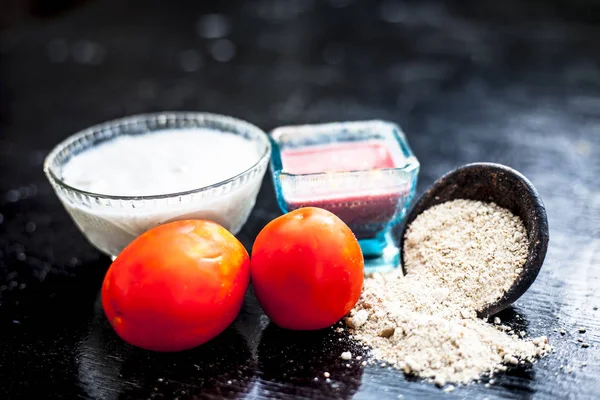 Close up of herbal face pack from tomato puree with yogurt and oats