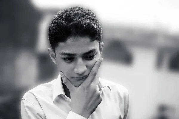 Black White Portrait Young Thoughtful Man — Stock Photo, Image