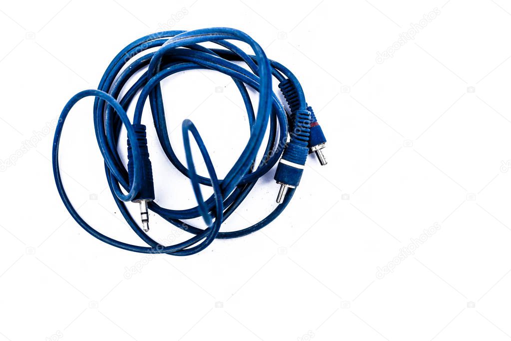 Close up of blue colored wire or cable isolated on white.