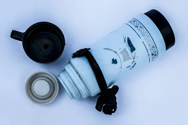 Close Blue Colored Thermos Isolated White Black Colored Cup — Stock Photo, Image