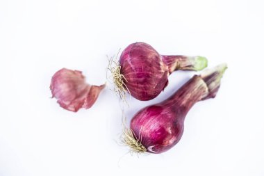 İki soğan veya beyaz, ham, taze ve organik, izole kesme iki soğan dilimlenmiş görünümü kapatın.