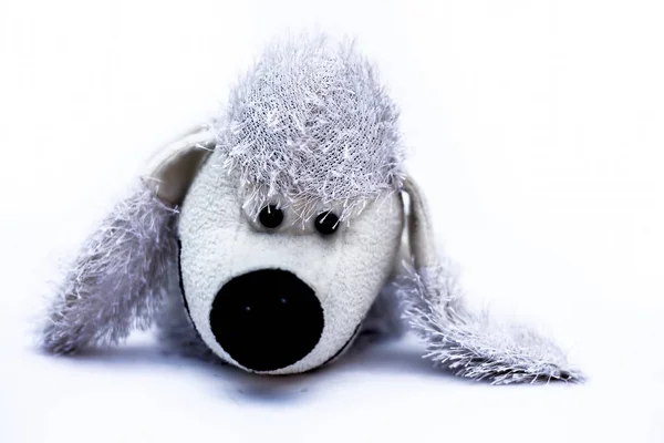 Close Dog Shaped White Colored Stuffed Toy Fur Isolated White — Stock Photo, Image