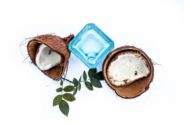 Close Raw Organic Oil Coconut Raw Coconut Isolated White Blue — Stock Photo, Image