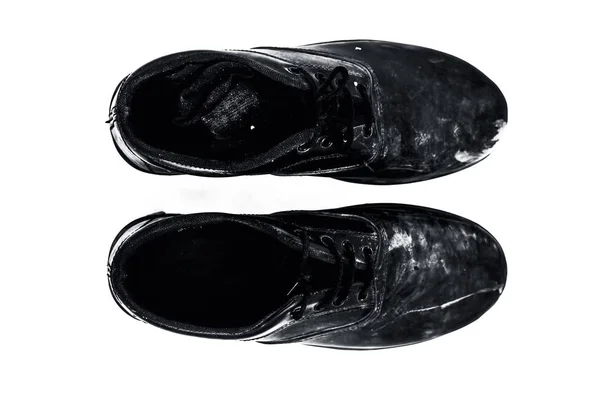 Közelről Kéz Sticihed Fekete Színű Bőr Cipő Vagy Office Shoes — Stock Fotó