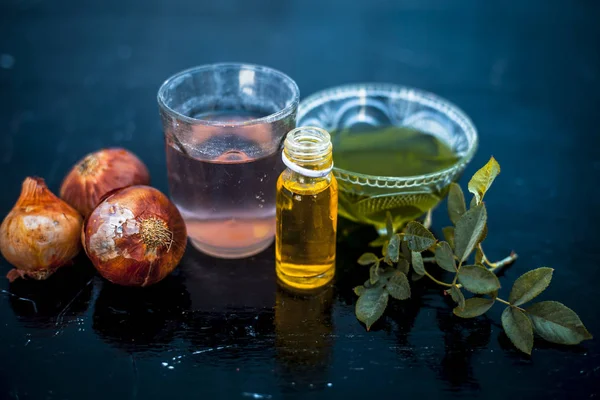 Close Caster Oil Onion Juice Mixture Used Make Hair Stronger — Stock Photo, Image