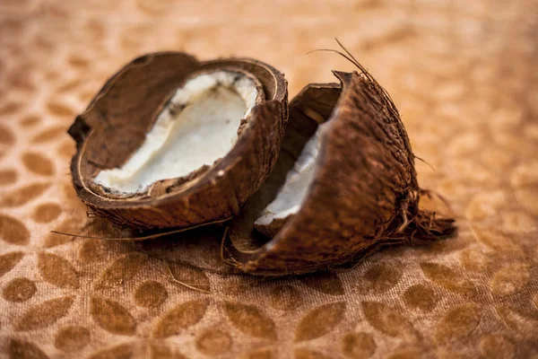Raw Dried Organic Cut Coconut Brown Colored Surface Close Shot — Stock Photo, Image