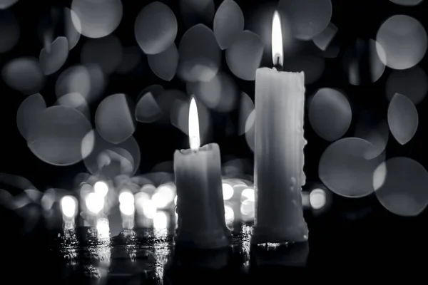 Close White Colored Wax Candles Bokeh Christmas Lights — Stock Photo, Image