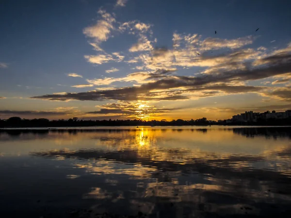 Pôr Sol Durante Temporada Inverno Lago Antigo — Fotografia de Stock