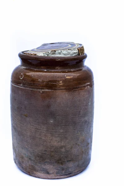 Close Brown Colored Ceramic Pickle Container Isolated White Used Preserve — Stock Photo, Image