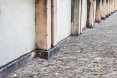 Üzerinde sonbahar yaprakları olan duvar ve yolların ana hatları. Minimalist çekim.