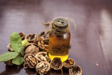 Ahşap yüzeyüzerinde ham duvar fındık ile şeffaf bir cam şişe de bitkisel organik ayıklanmış ceviz yağı yakın.