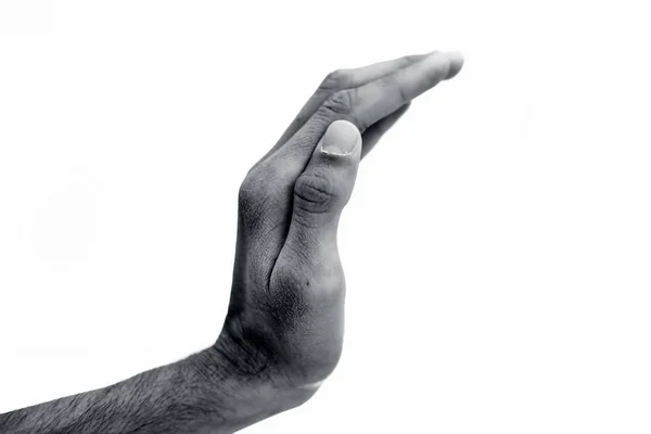 Close Uma Única Mão Isolada Branco Homem Humano Caucasiano Tentando — Fotografia de Stock