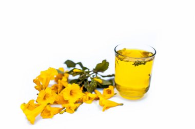 beyaz arka plan üzerinde izole şeffaf cam esansiyel yağ ile sarı çiçekler  