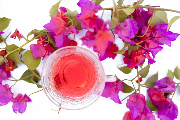 Close Shot Van Thee Van Bougainvillea Bloemen Een Transparante Glazen — Stockfoto