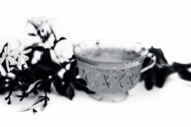 Hint yasemin çiçek veya juhi veya Jasminum Auriculatum ham çiçeklerile bir cam bardak beyaz izole çay yakın.;