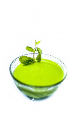 Popüler Hint sosu veya chutney yani Phudina ki chutney şeffaf bir cam kase beyaz izole çekim kapatın.