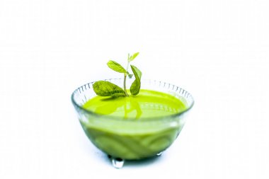 Popüler Hint sosu veya chutney yani Phudina ki chutney şeffaf bir cam kase beyaz izole çekim kapatın.