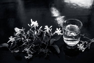Ham çiçeklerile şeffaf bir cam ahşap yüzeyinde Hint yasemin çiçeği veya juhi veya Jasminum Auriculatum özü yakın.