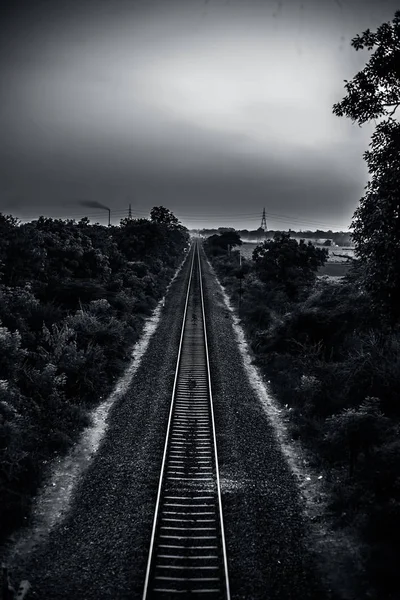 森を通り抜ける無限の鉄道線路のショット 夕暮れの時に撮影されたショット — ストック写真