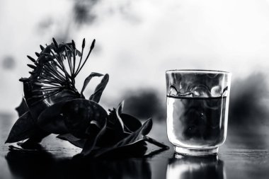 Kırmızı renkli pentas çiçek veya Mısır Star Çiçek veya yasemin şeffaf bir cam kase içinde çıkarılan su ile ahşap yüzeyüzerinde yakın.