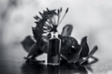 Kırmızı renkli pentas çiçek veya Mısır Star Çiçek veya küçük şeffaf cam şişe onun çıkarılan yararlı çiçek özü veya uçucu yağ ile ahşap yüzeyüzerinde yasemin.