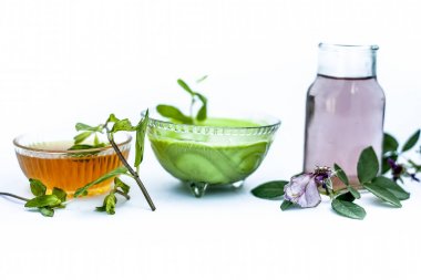 Nane veya mentha veya phudina yüz paketi beyaz yani nane izole hamur iyi akne, sivilce kaldırmak için tüm ham maddeler ile cam kase içinde gül suyu ve bal ile karışık hamur bırakır.