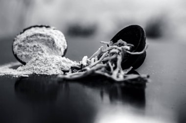 Popüler Hint & Asya ayurveda organik bitki musli Safed Moosli/ Shaqaqule/ Dholi Musli/ Khiruva/ Shedheveli/ Swetha Musli/ Taniravi Thang/ tozlu ahşap yüzeyüzerinde kil bir kapta.