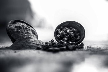 Popüler Hint & Asya ayurveda organik bitki musli veya Chlorophytum borivilianum veya Curculigo orkioidler veya kali moosli ahşap yüzeyüzerinde başka bir kase içinde toz ile bir kil içinde.