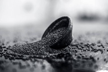 Ham organik bitkisel baharat Hardal tohumu veya sarso veya rai veya Brassica nigra, ahşap yüzeyüzerinde bir kil kase içinde.