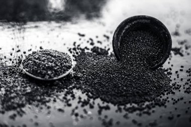 Ham organik bitkisel baharat Hardal tohumu veya sarso veya rai veya Brassica nigra, ahşap yüzeyüzerinde başka bir kase tozu ile birlikte bir kil kase içinde.