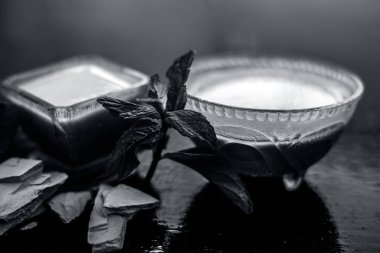 Dolgun toprak veya çamur çamur veya lor ve nane yaprakları ile birlikte ahşap yüzeyüzerinde kil ağartma yüz paketi. Bu yüz paketi cildi beslemek için kullanılır, nemlendirir cildi temizler.