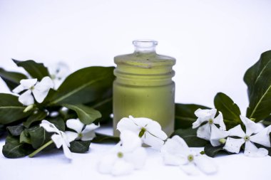 Beyaz renkli çiçeklerin yanı sıra yapraklar ve beyaza izole edilmiş cam bir şişedeki bitkisel detoksifikasyon yağı..