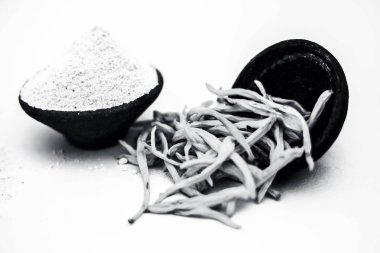 Popüler Hint & Asya ayurvedik bitki bir kil kase yani musli veya güvenli musli veya Klorofitum borivilianum birçok ayurvedik ilaçlar kullanılan bir kil kase tozu ile beyaz izole.