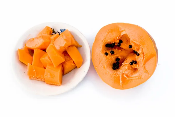 Raw Cut Organic Sliced Papaya Isolated White Glass Plate — Stock Photo, Image