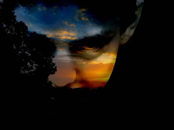 Double Exposure Collage Man Portrait Sunset Sky — Stock Photo, Image