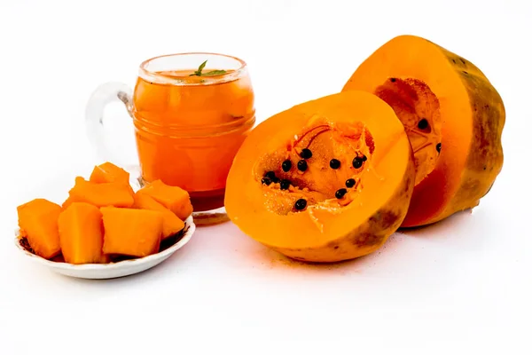 Papaya Juice Smoothie Isolated White Entire Ingredients Which Honey Ripe — Stock Photo, Image