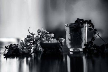 Bir bardak içinde çıkarılan su veya tentür ile birlikte ahşap yüzeyüzerinde baget demet.