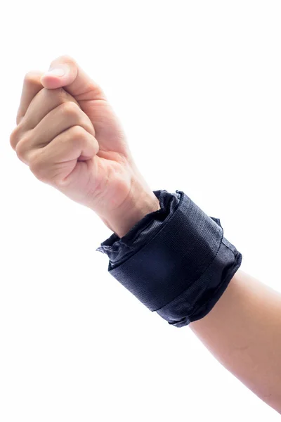 Close Human Hand Wearing Black Colored Wrist Weight His Hand — Stock Photo, Image