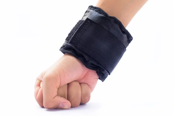 Mänsklig Hand Bär Svart Färgad Handled Vikter Eller Handledsband Isolerad — Stockfoto