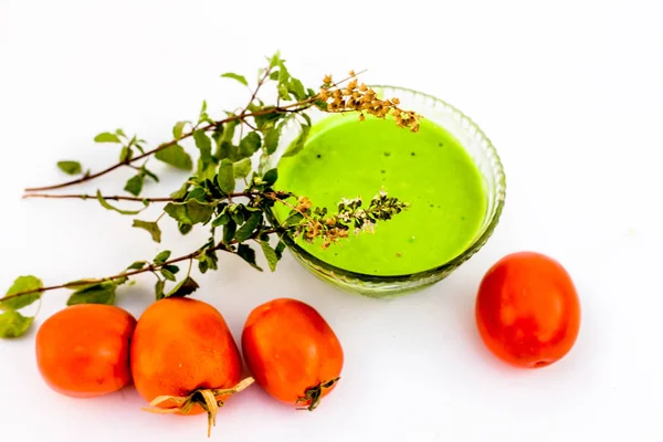 Paquete Facial Tulsi Aislado Blanco Decir Puré Tomate Pulpa Bien —  Fotos de Stock