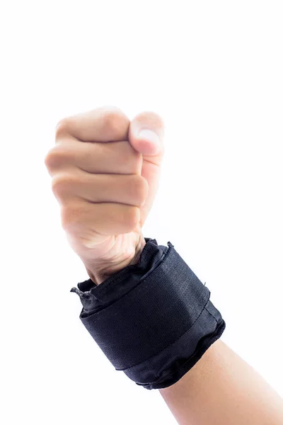 人的手一个男性隔离在白色穿黑色的腕带或手腕重量 — 图库照片