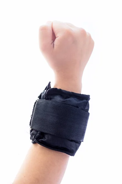 Ανθρώπινο Χέρι Ένα Αρσενικό Απομονώνεται Λευκό Φορώντας Μαύρες Χρωματιστές Λωρίδες — Φωτογραφία Αρχείου