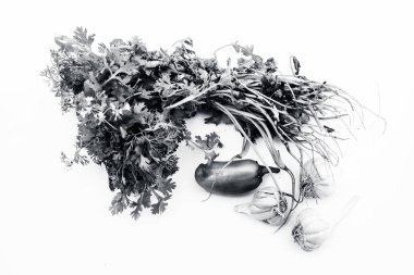 Taze yapraklı sebze yani kişniş yaprakları yeşil biber ve bazı sarımsak ampuller ile birlikte beyaz izole.