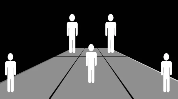 角に正方形や長方形を持つ床に立つ5人の人間の人物 — ストック写真