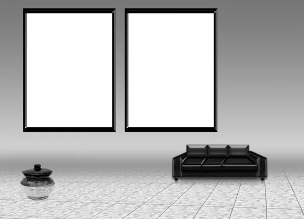 Cartaz Recheado Dois Quadros Com Cores Brancas Sofá Deitado Chão — Fotografia de Stock