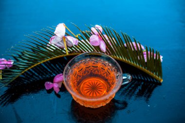 Ahşap yüzey üzerinde şeffaf bir cam bardak içinde detoxifying biberiye çayı.